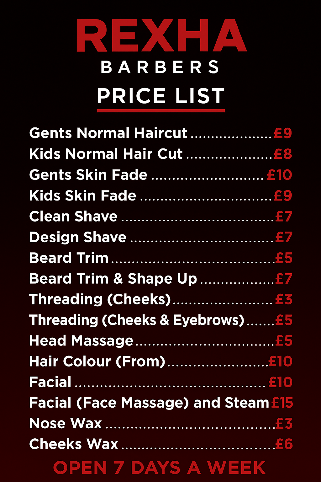Service price board at Rexha Barbers