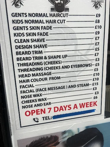 Printed Rexha Barbers price list with red highlights